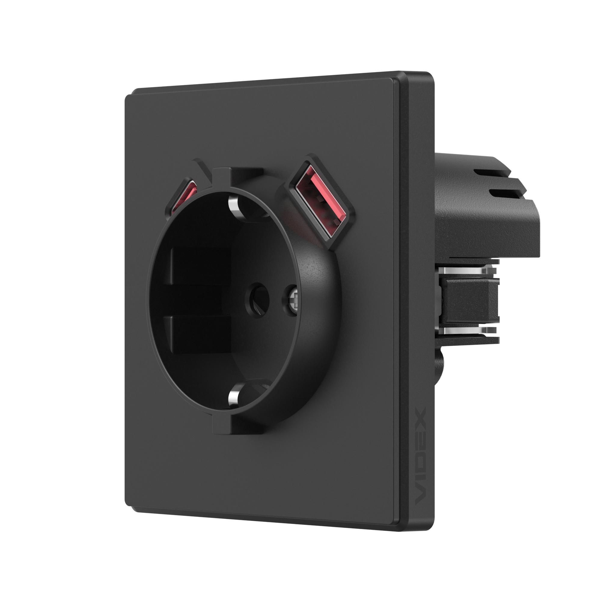 Розетка одинарна із заземленням USB-A+C 20W вугільно-чорна VIDEX NOTA (VF-NT-SK1GUC-BL) — фото 1 з 4