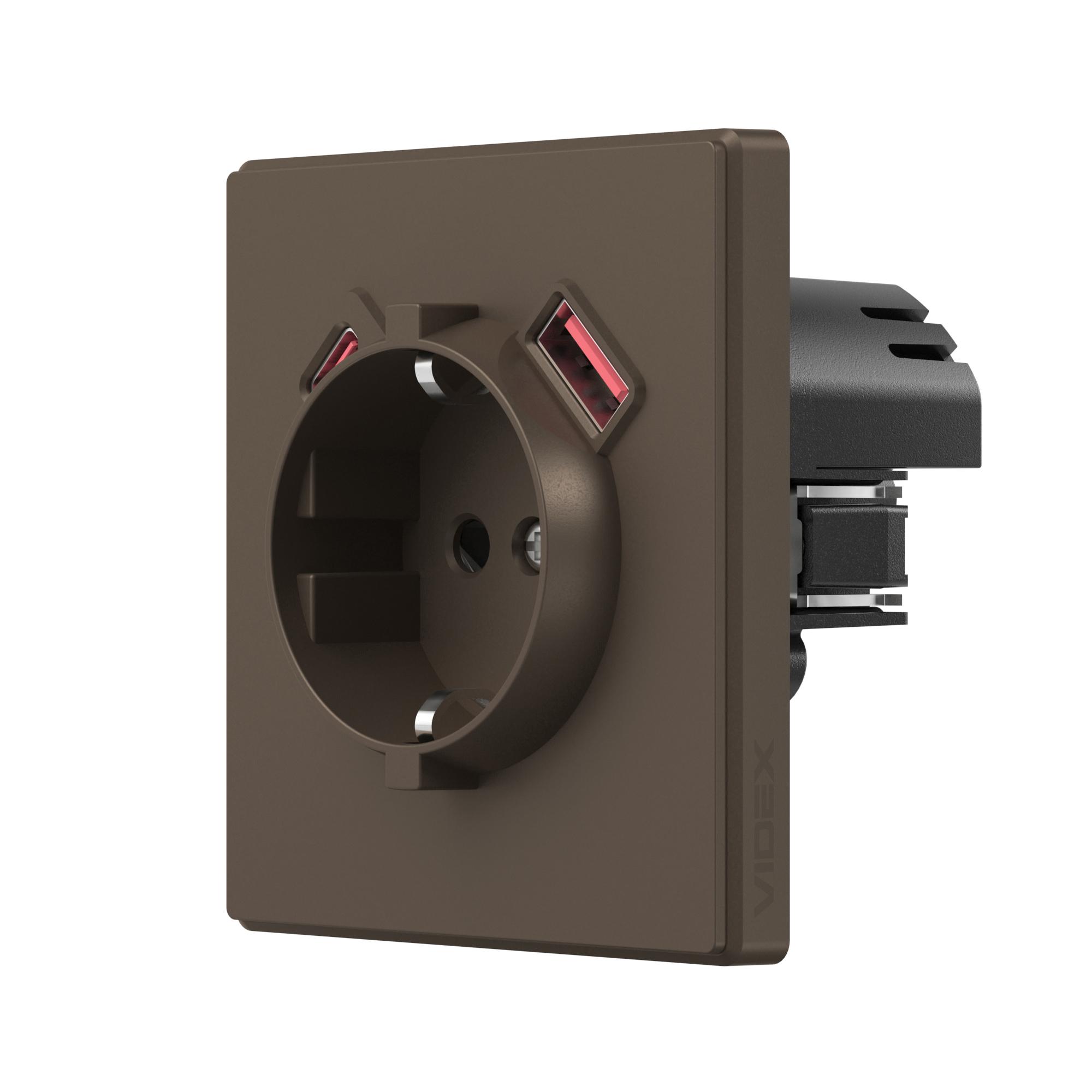 Розетка одинарна із заземленням USB-A+C 20W мокко VIDEX NOTA (VF-NT-SK1GUC-BR) — фото 1 з 4
