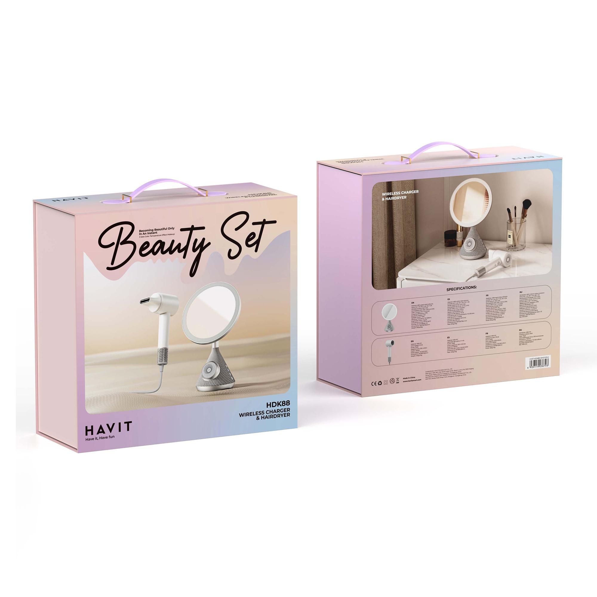 Набір 5в1 HAVIT HDK88 "Beauty Set" Дзеркало + Фен + Зарядка + Динамік — фото 13 з 13