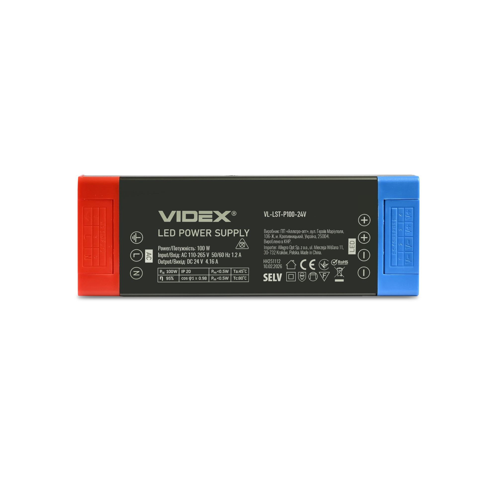Блок живлення для LED стрічки VIDEX DC24V 4.16A 100W IP20 (VL-LST-P100-24V) — фото 3 з 7