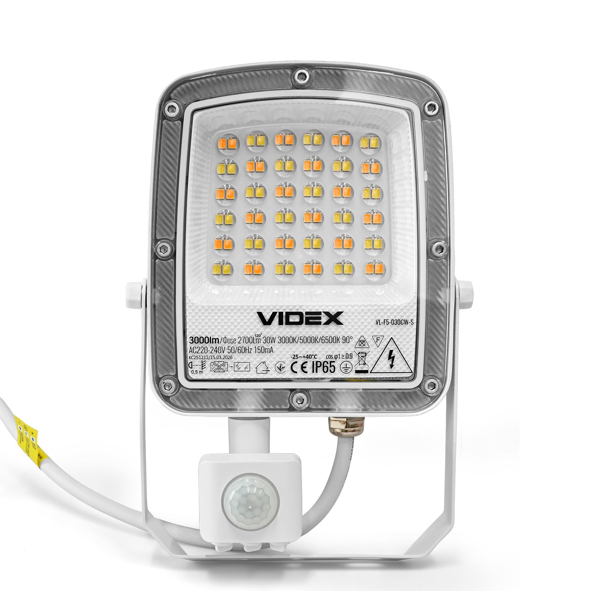LED прожектор VIDEX F5 30W 3000-5000-6500K з датчиком руху 230V White (VL-F5-030CW-S) — фото 2 з 18