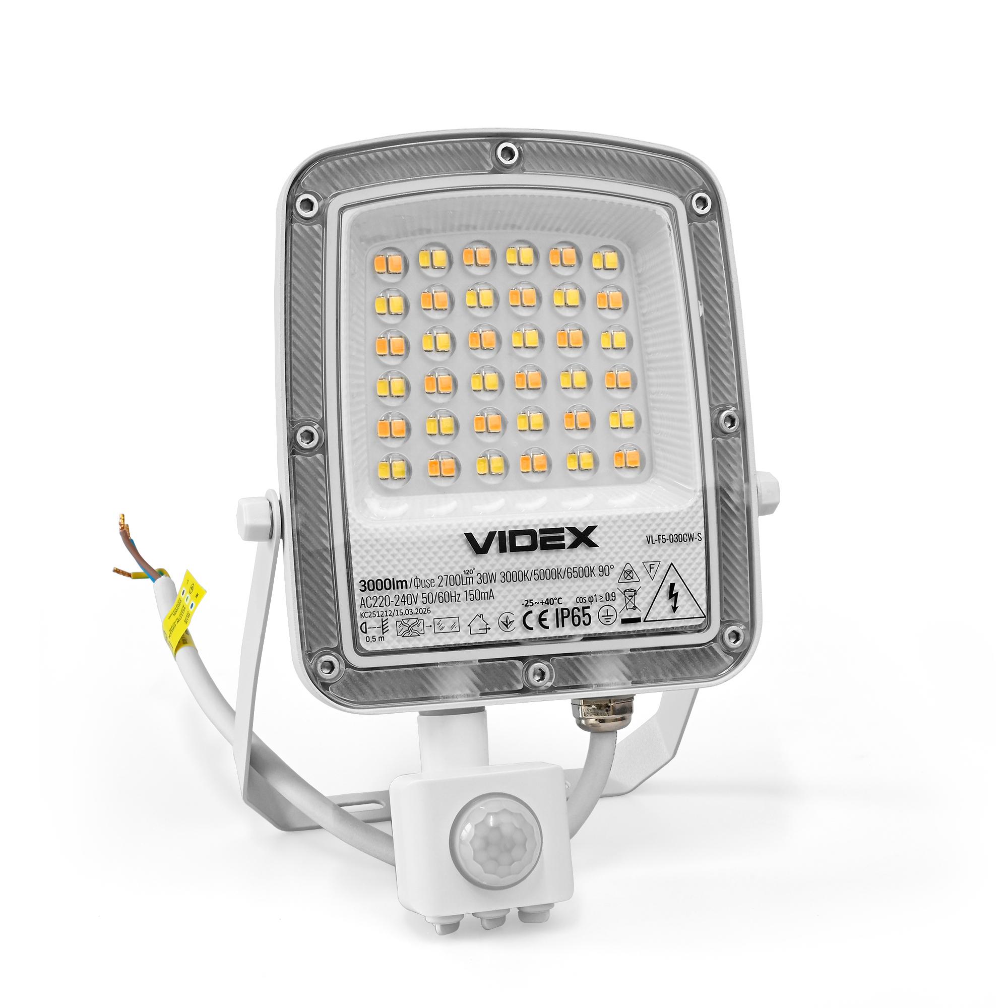 LED прожектор VIDEX F5 30W 3000-5000-6500K з датчиком руху 230V White (VL-F5-030CW-S) — фото 3 з 18