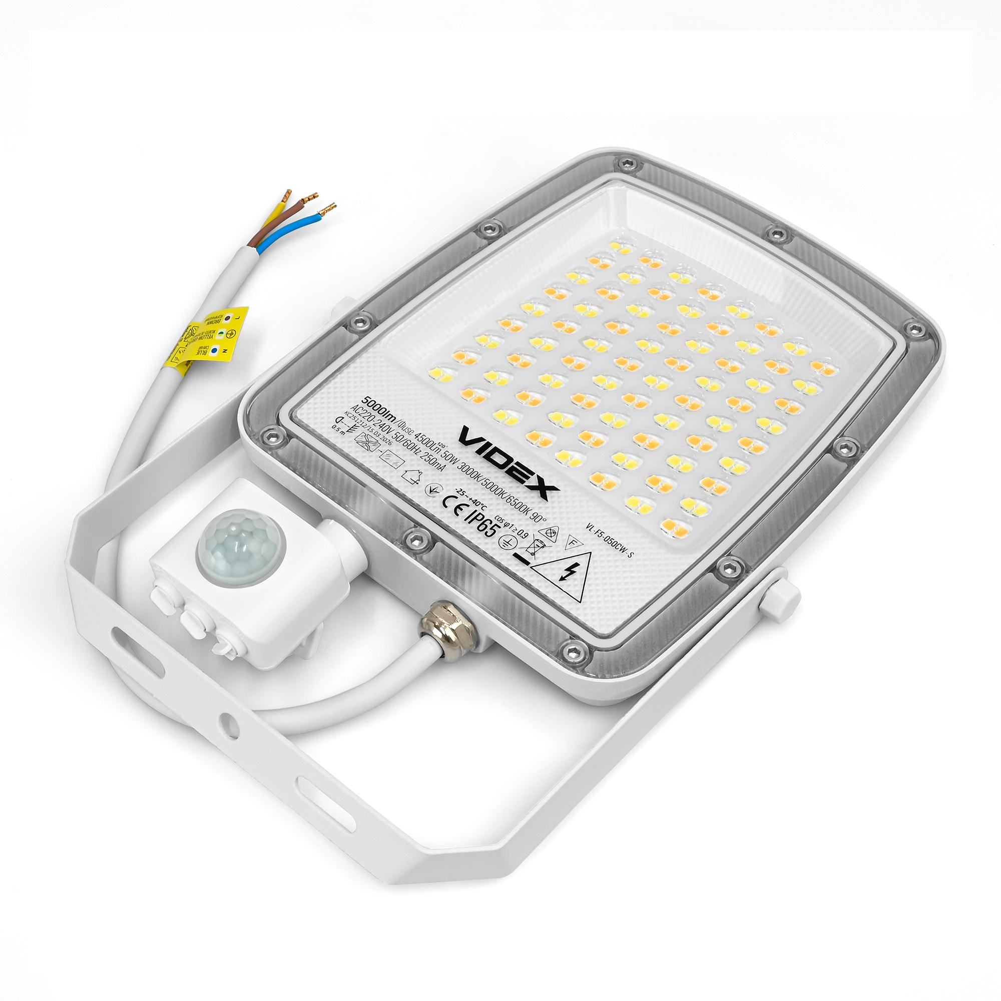 LED прожектор VIDEX F5 50W 3000-5000-6500K з датчиком руху 230V White (VL-F5-050CW-S) — фото 8 з 18