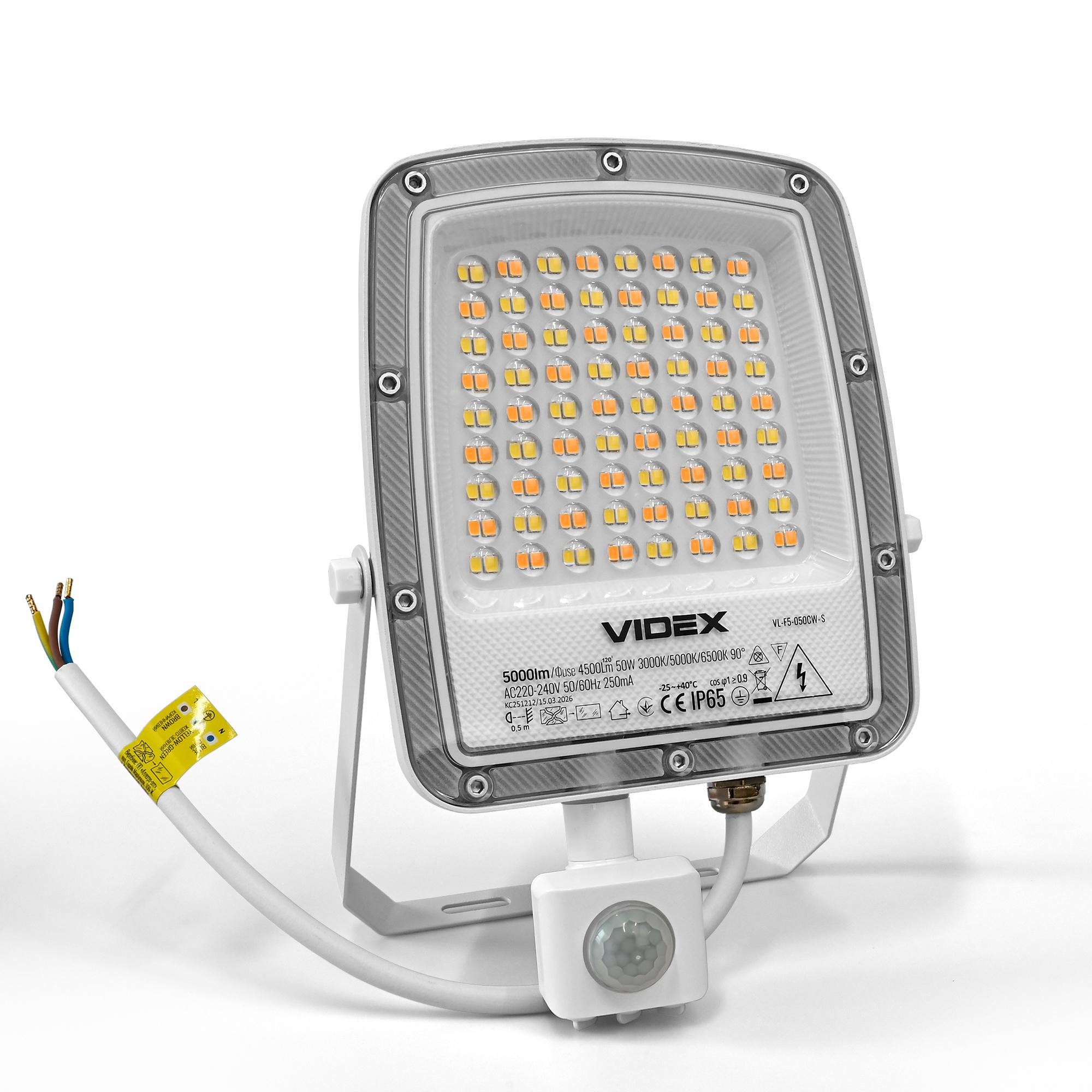 LED прожектор VIDEX F5 50W 3000-5000-6500K з датчиком руху 230V White (VL-F5-050CW-S) — фото 3 з 18