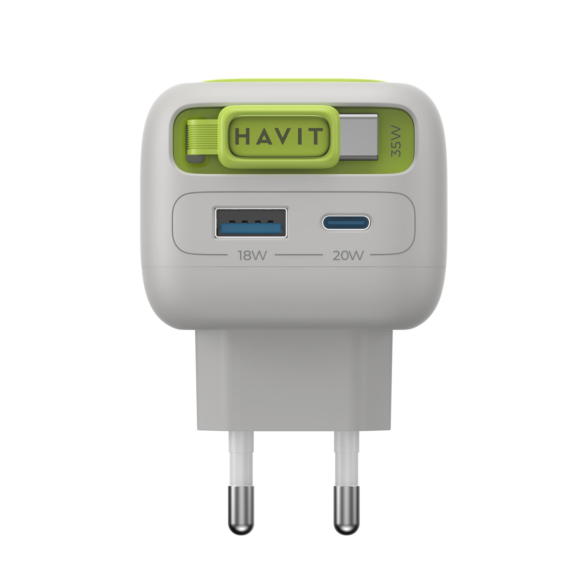 Зарядний пристрій HAVIT UC251 GaN 35W USB-A+USB-C +Кабель USB-C Gray/Green — фото 4 з 6