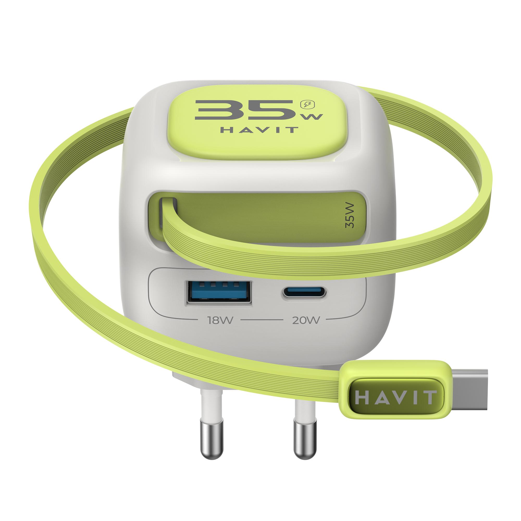 Зарядний пристрій HAVIT UC251 GaN 35W USB-A+USB-C +Кабель USB-C Gray/Green — фото 3 з 6