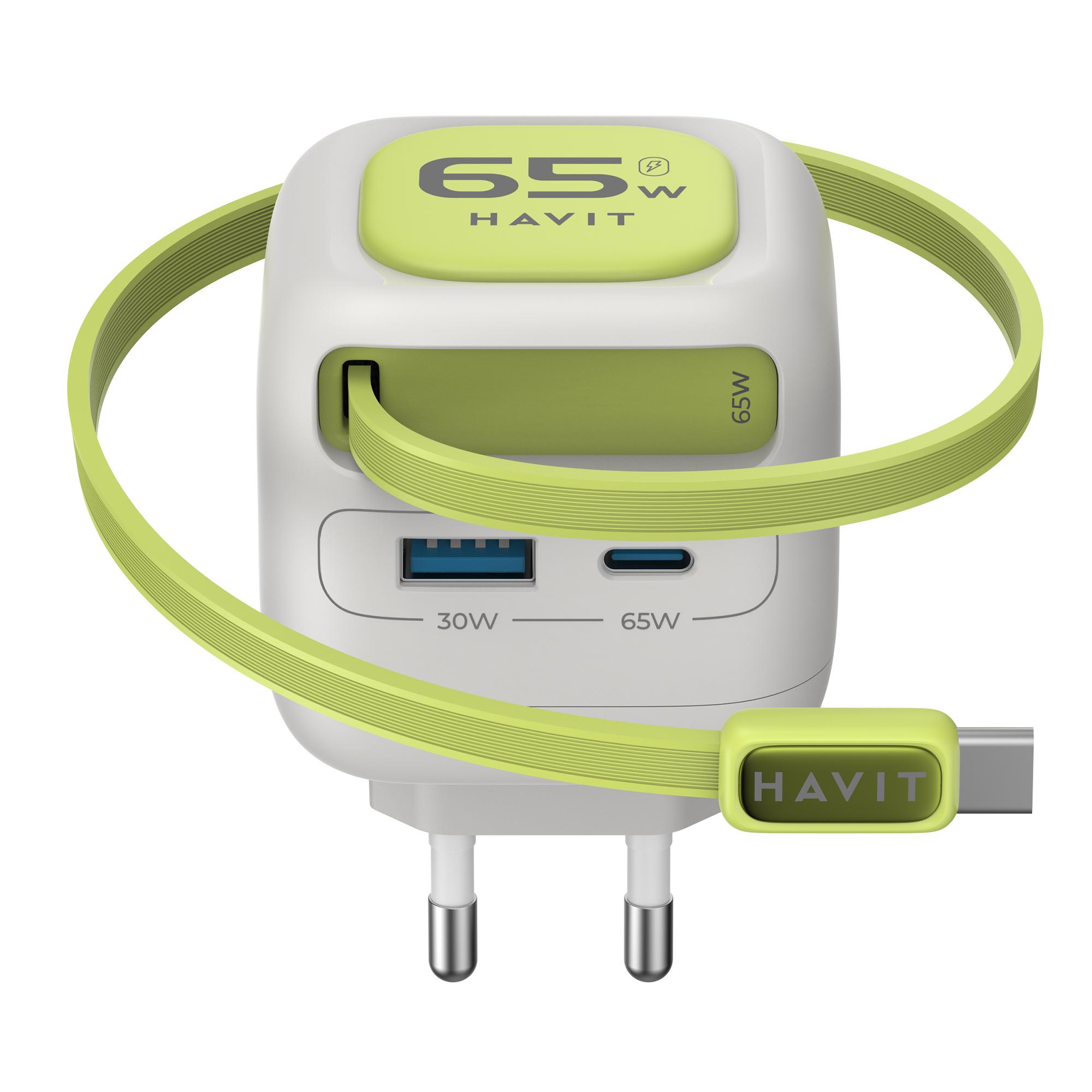 Зарядний пристрій HAVIT UC253 GaN 65W USB-A+USB-C +Кабель USB-C Gray/Green — фото 3 з 7