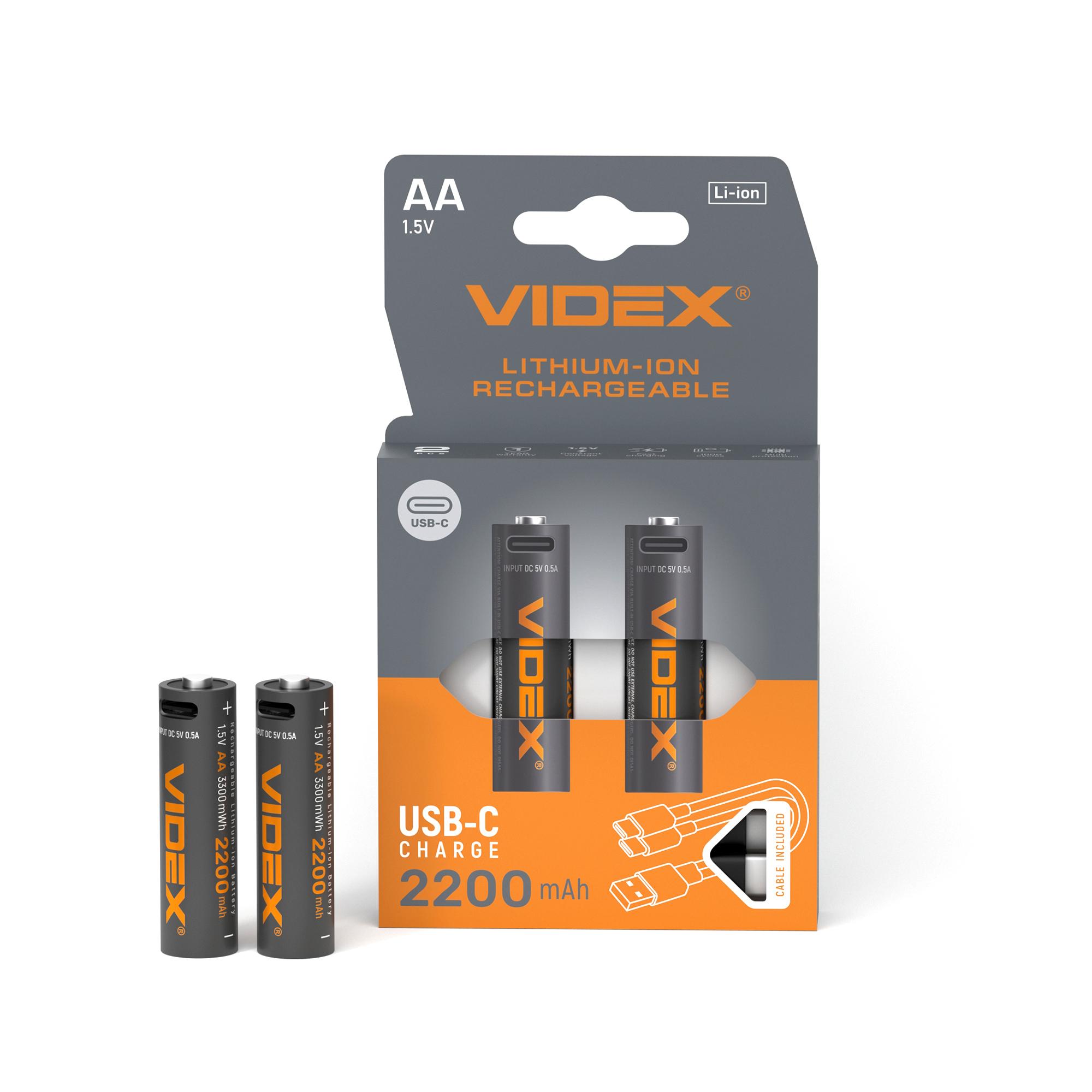 Акумулятор VIDEX Li-ion LIR6C/AA USBC-C 1.5V (захист) 2200mAh 2шт/Pack — фото 1 з 4