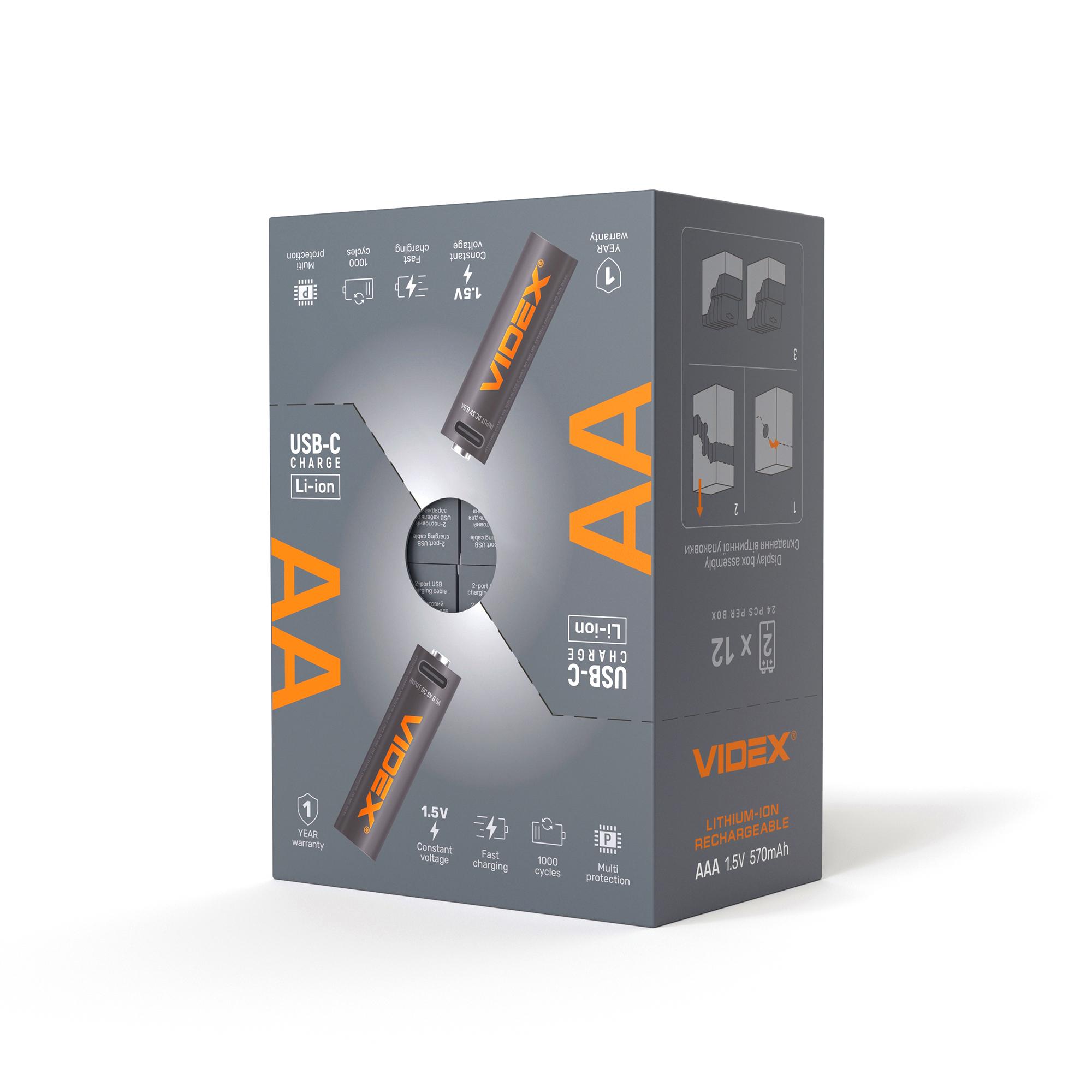 Акумулятор VIDEX Li-ion LIR6C/AA USBC-C 1.5V (захист) 2200mAh 2шт/Pack — фото 3 з 4